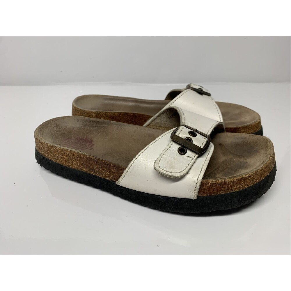 Bjorndal Womens US 8 White Leather Single Strap Slide Cork Sandals With Buckle